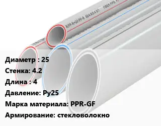 Труба полипропиленовая 25 s=4.2 L=4 Ру25 PPR-GF стекловолокно